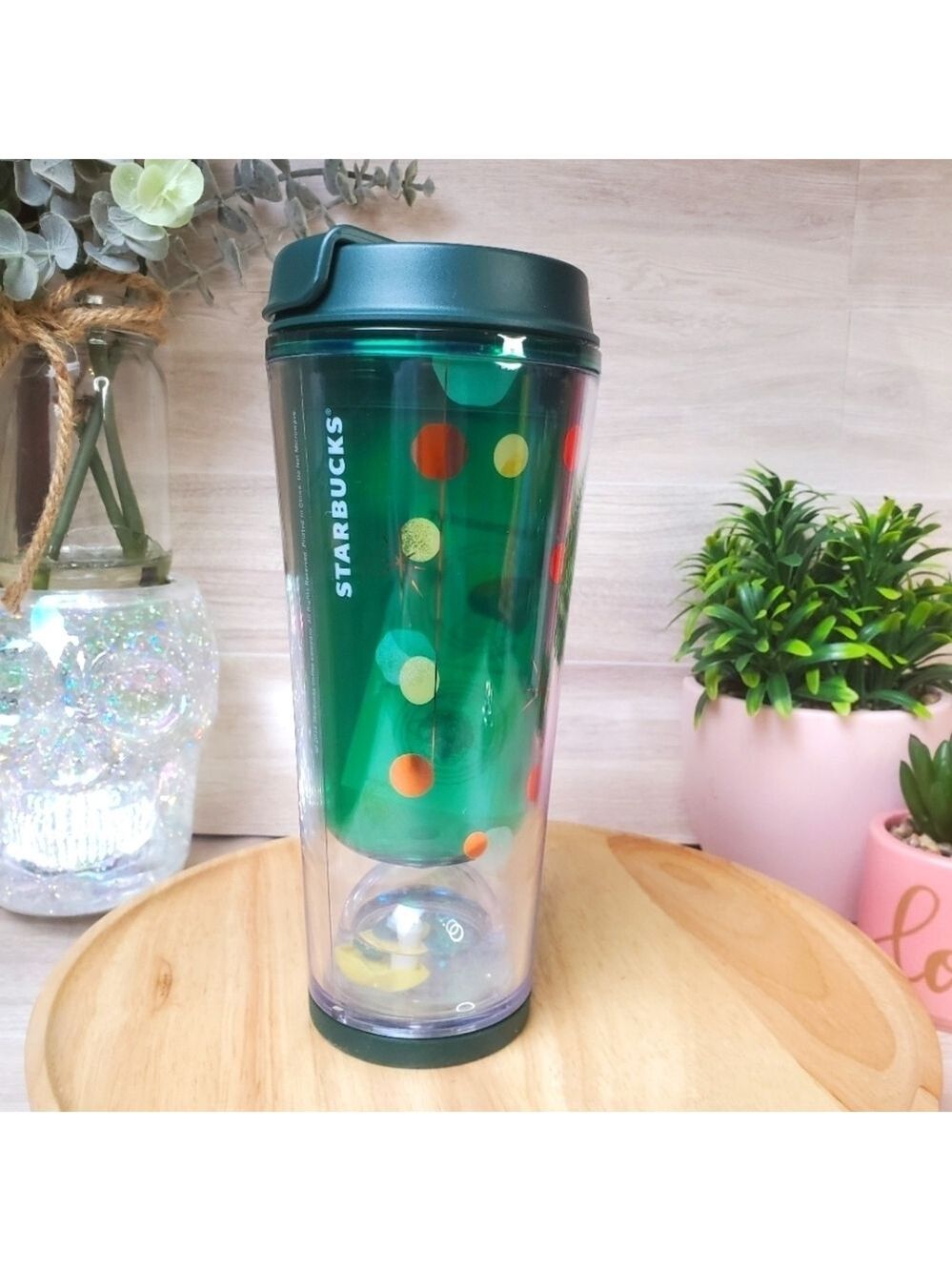 Starbucks Green Glitter Snow Globe Holiday Acrylic Travel Tumbler